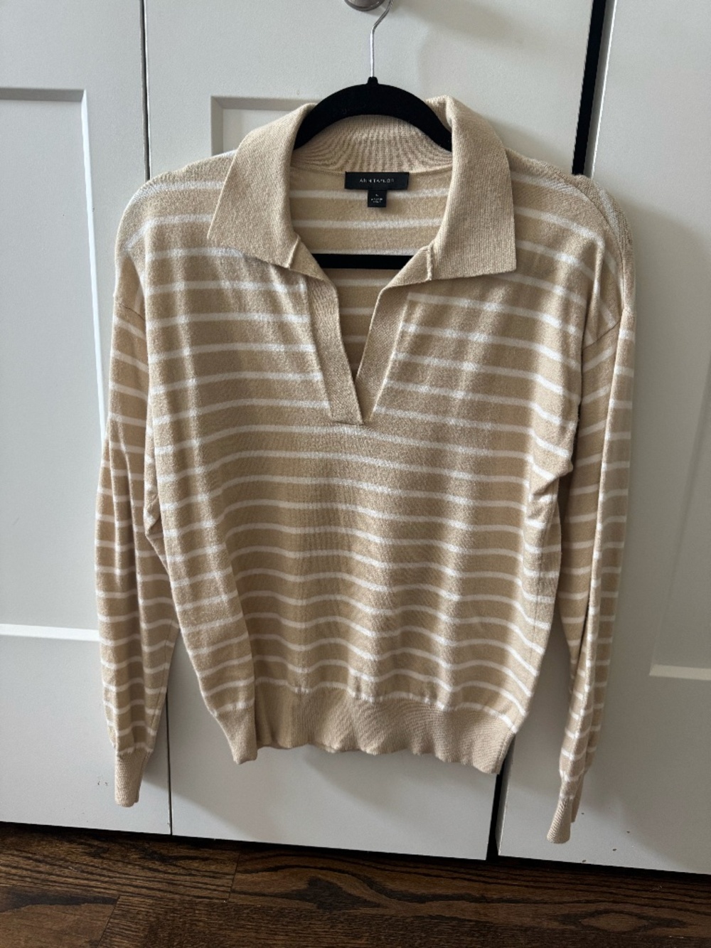 Ann Taylor Striped Collared Sweater Beige Cream Size M